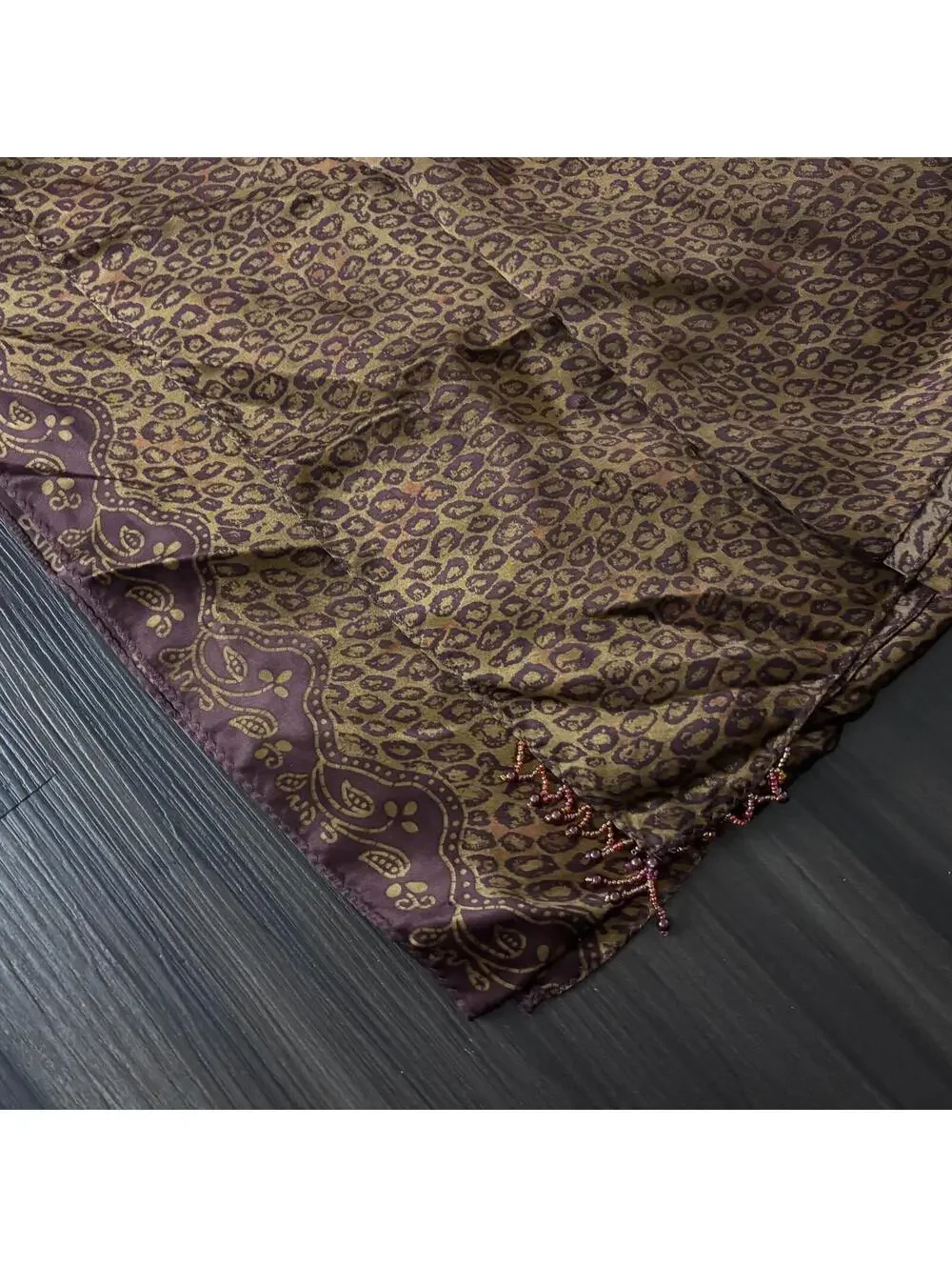 Vintage Victoria's Secret Silk Scarf Sarong Animal Print Beaded Corners Brown